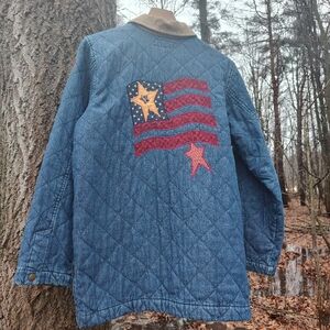 God Bless America Quilted Denim Chore Jacket Corduroy Flag Patches Haik's Sz L